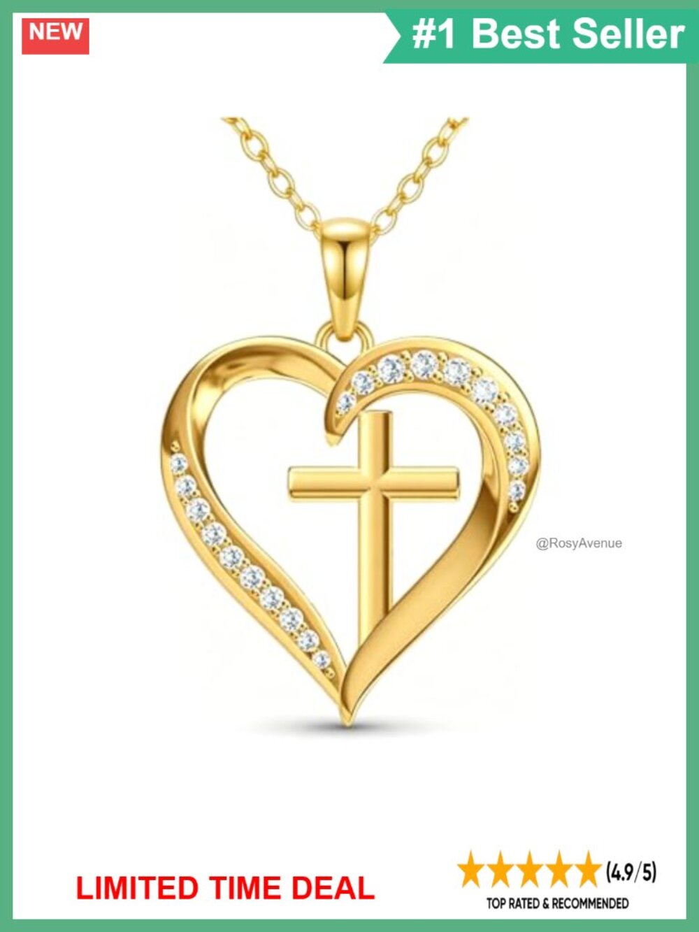 18K Gold Heart Cross Pendant Necklace Minimalist Faith Jewelry Gift
